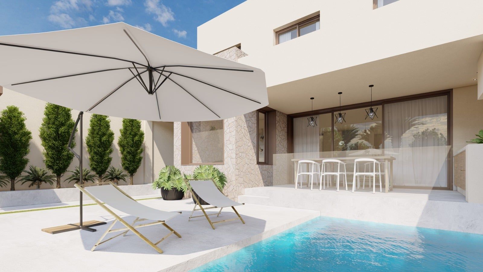 Infografía del patio trasero con piscina y porche
