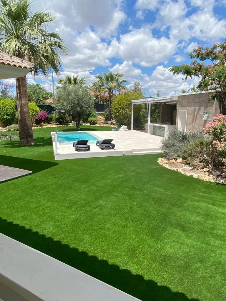 Jardín con césped y palmeras, con la piscina y el porche al fondo