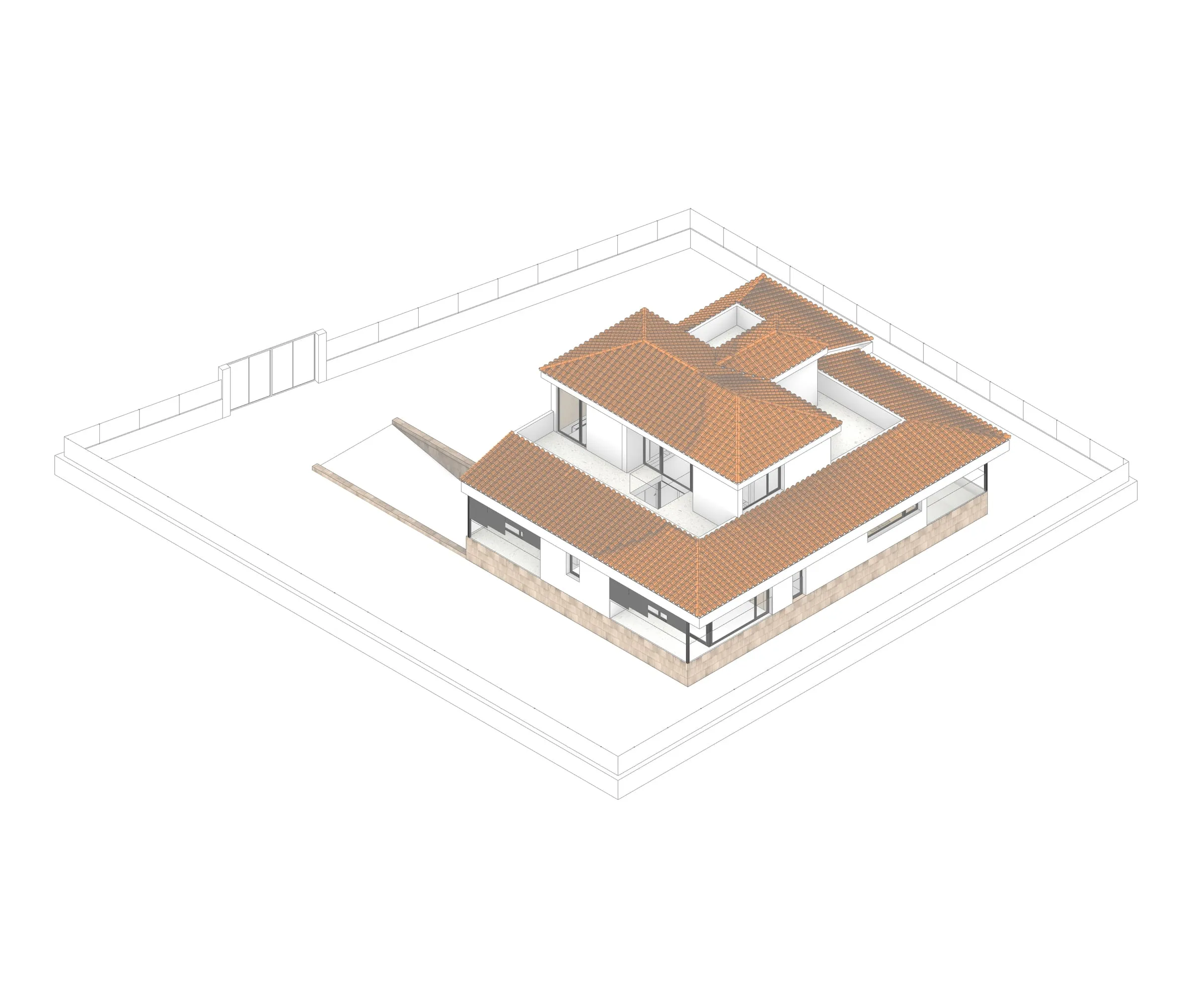 Axonometría de la vivienda con la cubierta de teja vista desde arriba