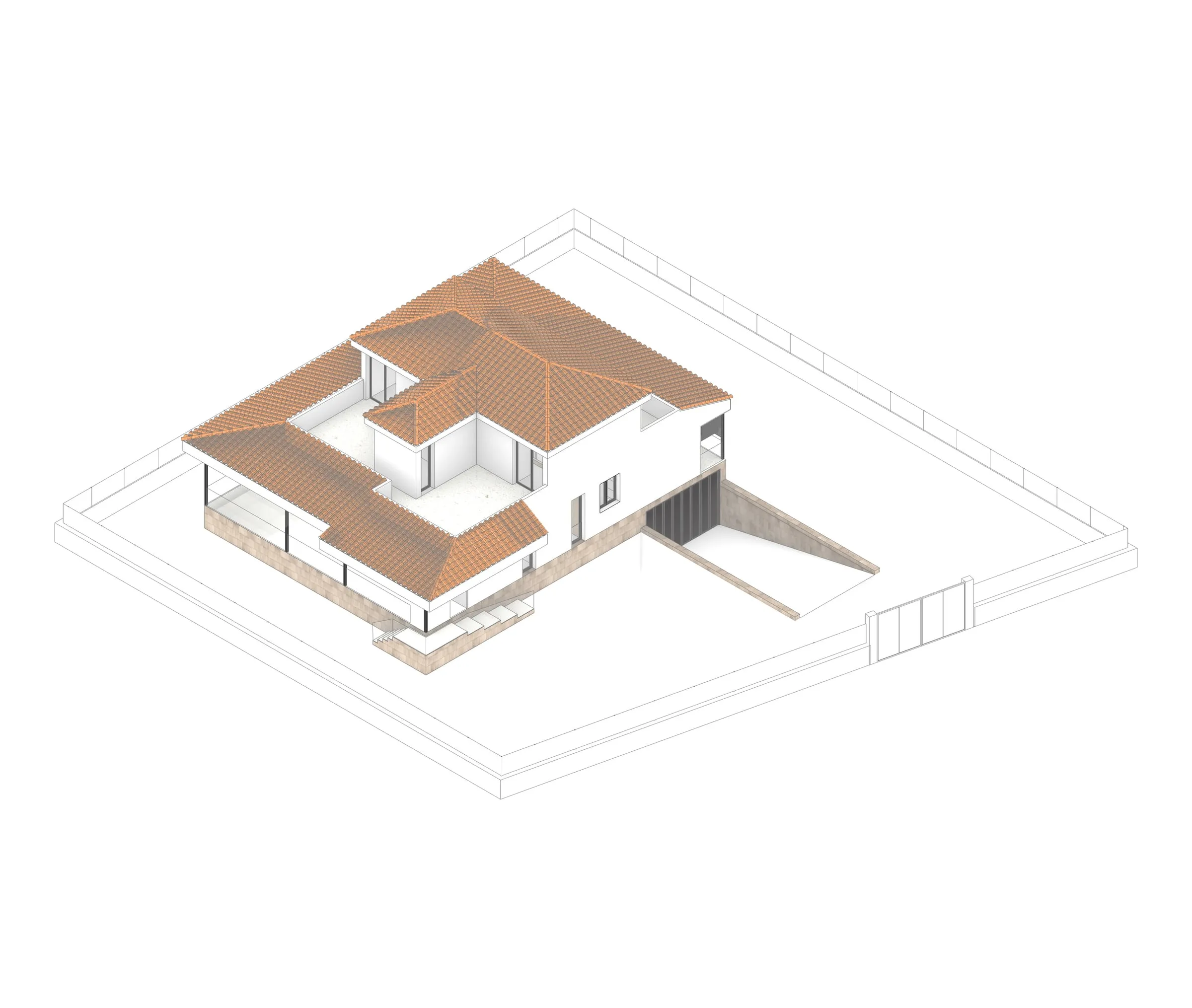 Axonometría de la vivienda desde el lado del porche