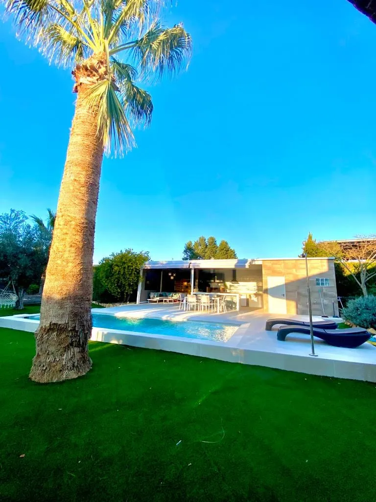 Palmera sobre el césped con la piscina y el porche al atardecer