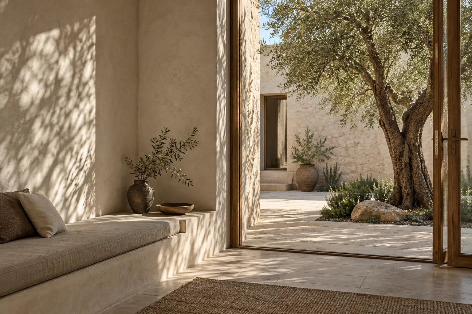 Concepto de arquitectura biofílica: estancia de materiales naturales conectada a un patio con un olivo