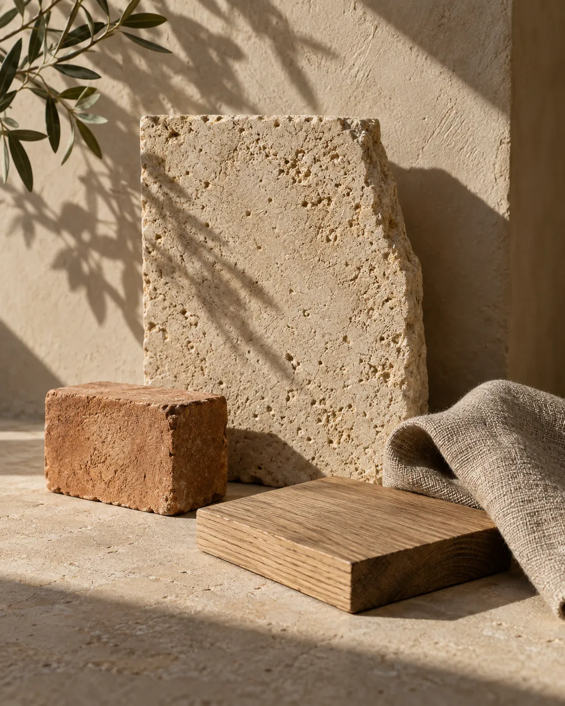 Composición conceptual de materiales naturales y luz cálida