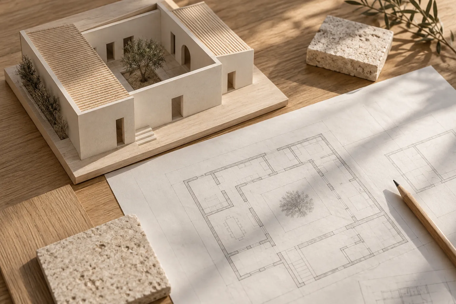 Composición conceptual de una maqueta, planos y materiales naturales sobre una mesa